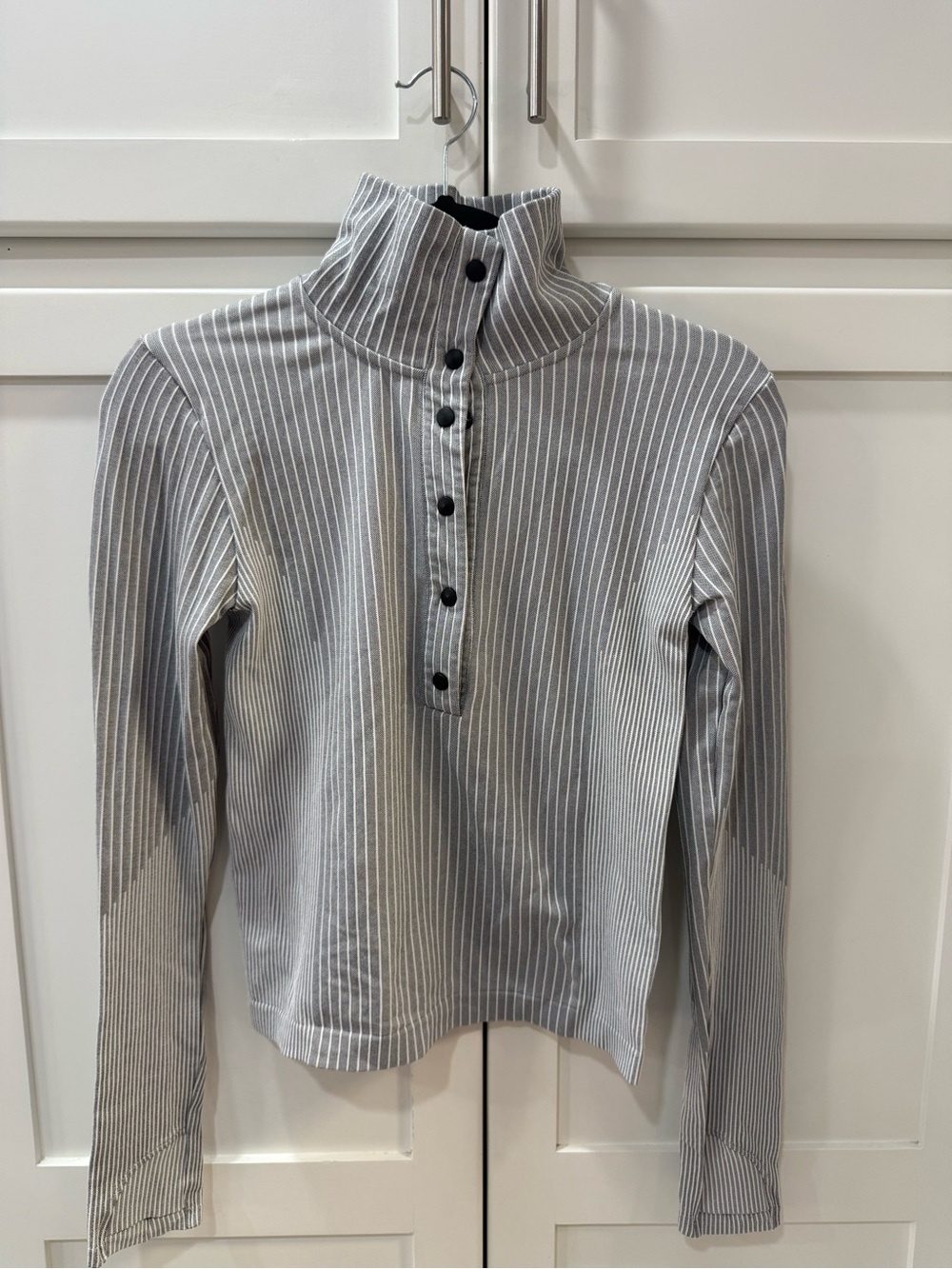 Athleta Gray and White Striped Long Sleeve Henley Pullover